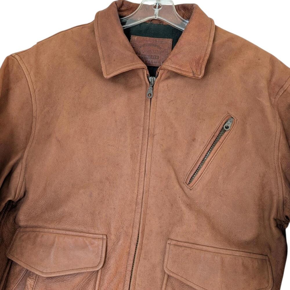 St. John's Bay Leather Jacket Mens Medium Tan Zip Front Chest Pocket Waist Tabs